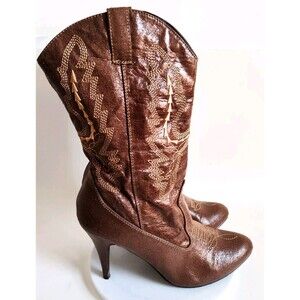 Brown Vegan Faux Leather Embroidered Western Cowboy Cowgirl 3" Heel Boots Size 9